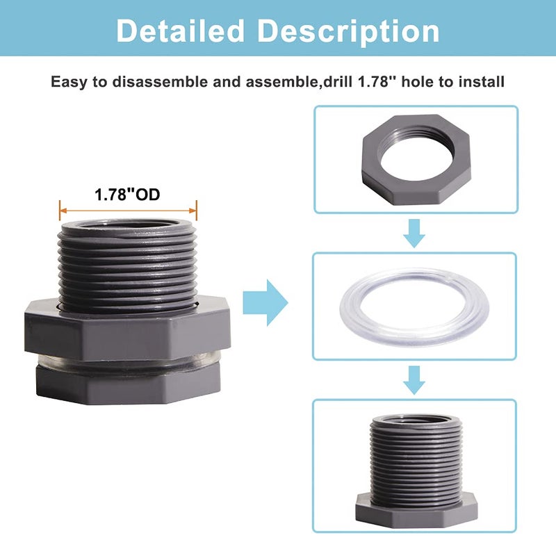 QuQuyi 1/2 Inch PVC Bulkhead Water Tank Connector Adapter Fitting with Plugs Thru-Bulk Pipe Fitting for Rain Barrels  Aquariums  Ponds(Set of 3) - Image 4